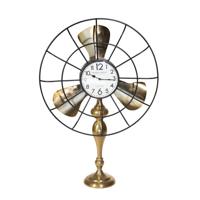Metal Fan Style Table Clock with Pedestal Base, Large, Gold and Bronze