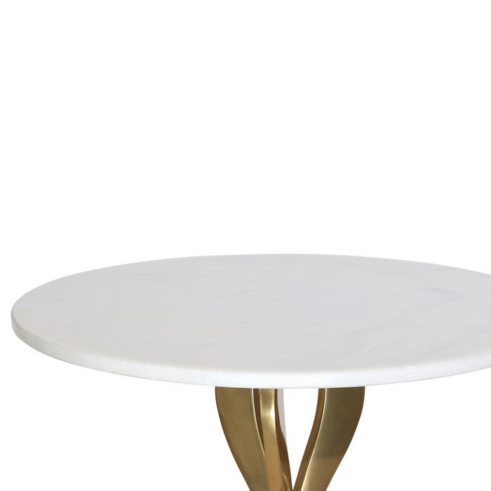 Round Metal Accent Table with Designer Open Base, White and Golden