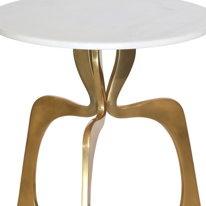 Round Metal Accent Table with Designer Open Base, White and Golden