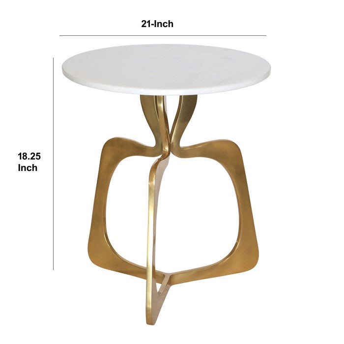 Round Metal Accent Table with Designer Open Base, White and Golden