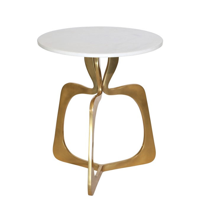 Round Metal Accent Table with Designer Open Base, White and Golden