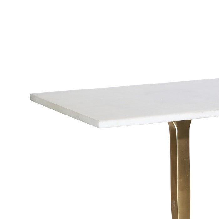 Rectangular Marble Top Accent Table with 4 Leg Support, White and Gold