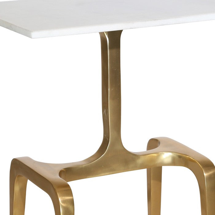 Rectangular Marble Top Accent Table with 4 Leg Support, White and Gold