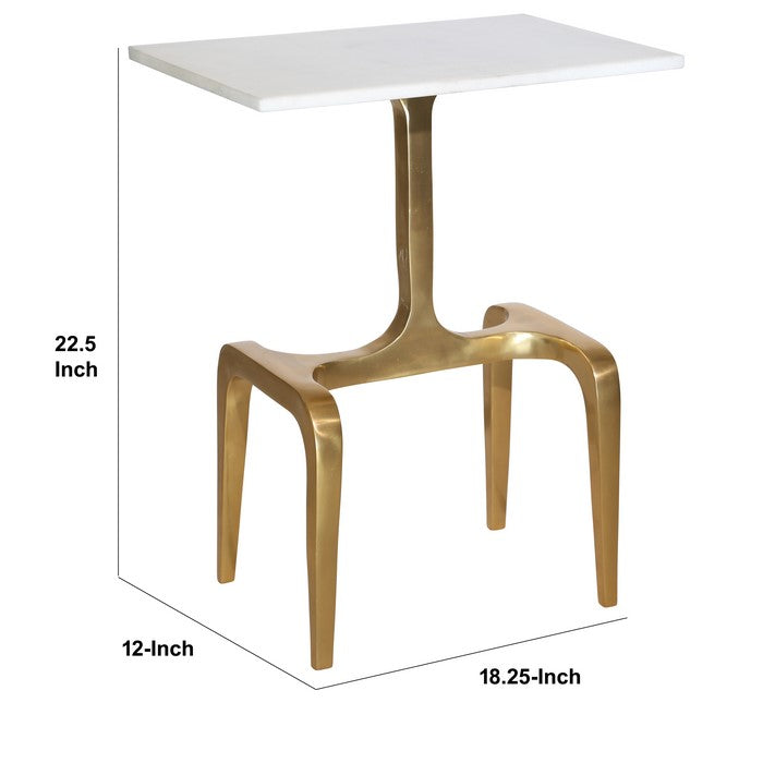 Rectangular Marble Top Accent Table with 4 Leg Support, White and Gold