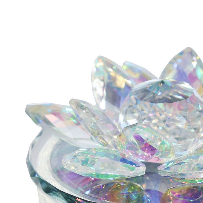 Glass Trinket Jar Accented with Crystal Lotus Flower, White and Clear