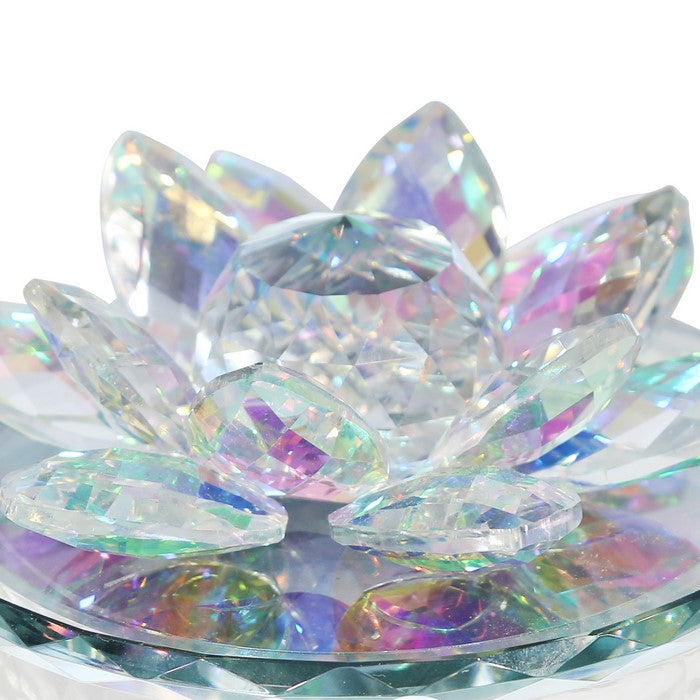 Glass Trinket Jar Accented with Crystal Lotus Flower, White and Clear
