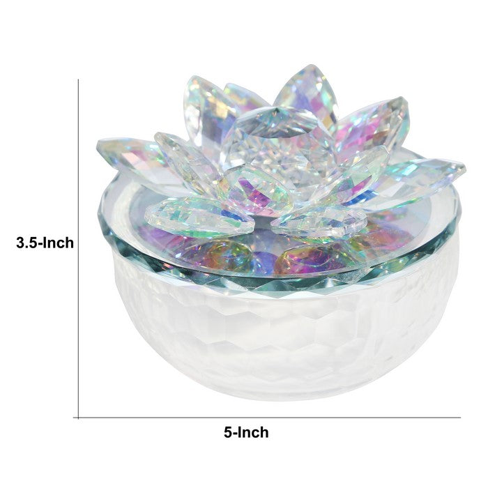 Glass Trinket Jar Accented with Crystal Lotus Flower, White and Clear