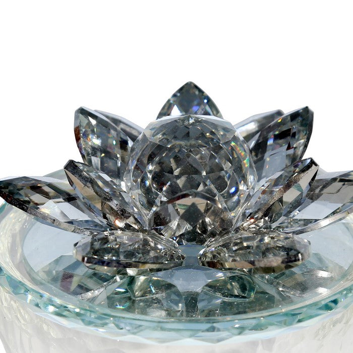 Glass Trinket Jar Accented with Crystal Lotus Flower, White and Black