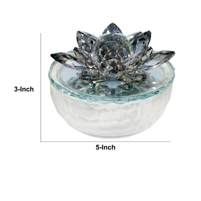 Glass Trinket Jar Accented with Crystal Lotus Flower, White and Black