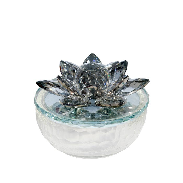 Glass Trinket Jar Accented with Crystal Lotus Flower, White and Black