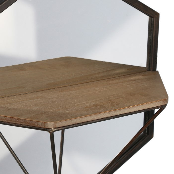 Hexagonal Wood and Metal Wall Shelf, Set of 2, Silver and Brown