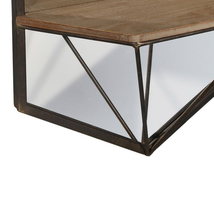 Hexagonal Wood and Metal Wall Shelf, Set of 2, Silver and Brown
