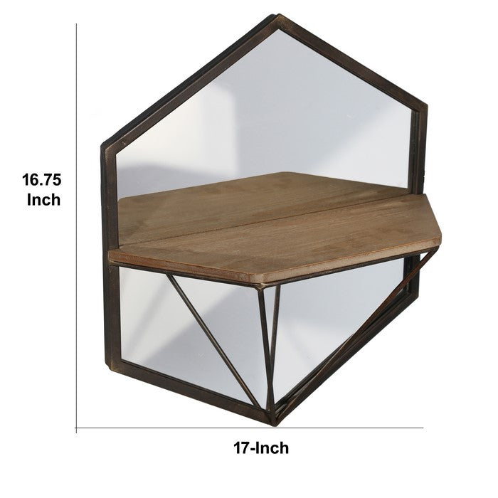 Hexagonal Wood and Metal Wall Shelf, Set of 2, Silver and Brown