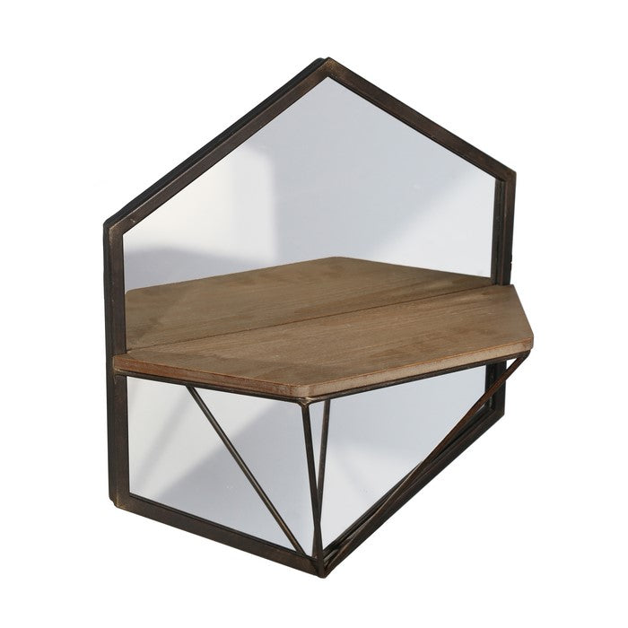 Hexagonal Wood and Metal Wall Shelf, Set of 2, Silver and Brown