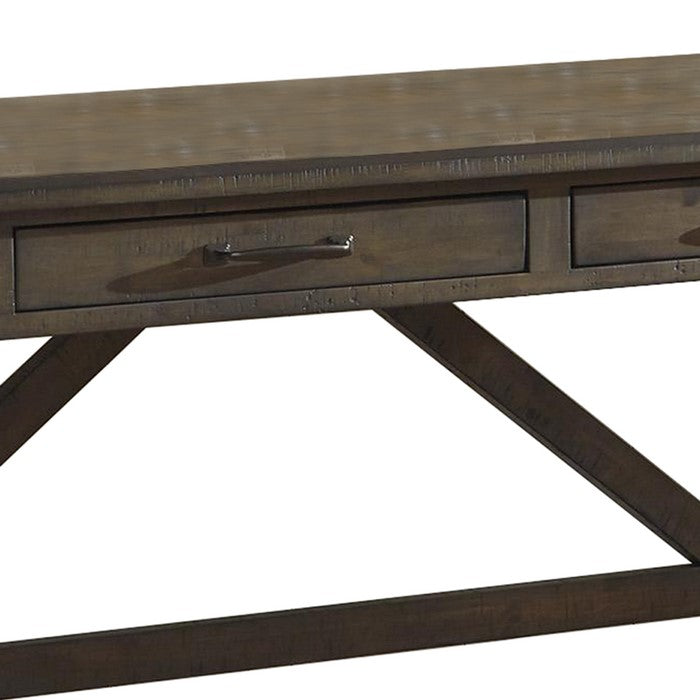 Wooden Office Desk with 2 Drawers and Truss Beam Legs, Brown