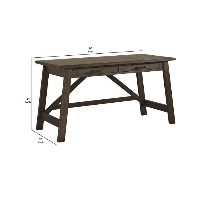 Wooden Office Desk with 2 Drawers and Truss Beam Legs, Brown