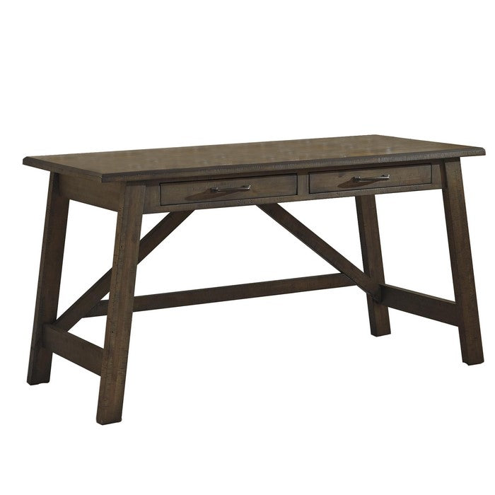 Wooden Office Desk with 2 Drawers and Truss Beam Legs, Brown
