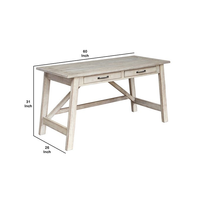 Wooden Office Desk with 2 Drawers and Truss Beam Legs, Antique White