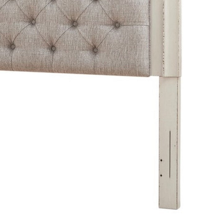 Scalloped Fabric Upholstered Full Size Panel Headboard, Gray and Cream