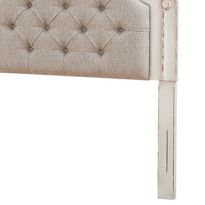 Scalloped Fabric Upholstered Twin Size Panel Headboard, Gray and Cream