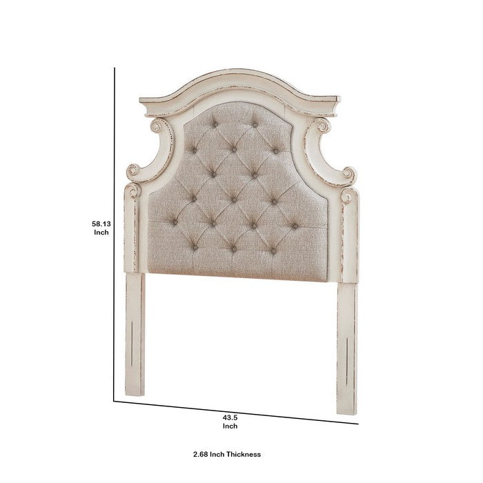 Scalloped Fabric Upholstered Twin Size Panel Headboard, Gray and Cream