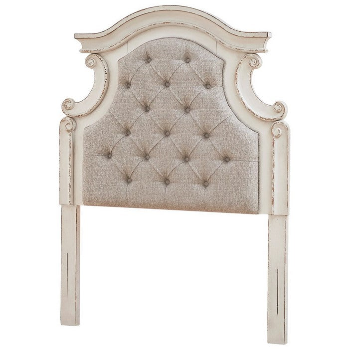 Scalloped Fabric Upholstered Twin Size Panel Headboard, Gray and Cream