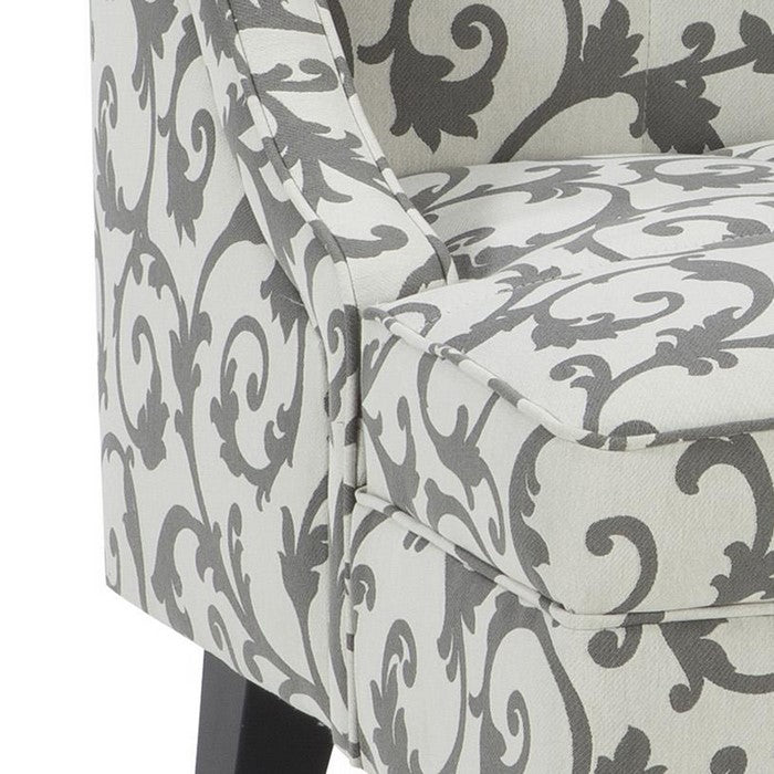 Fabric Upholstered Accent Chair with Vine Pattern, Gray and White