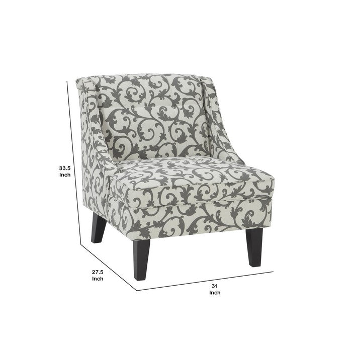Fabric Upholstered Accent Chair with Vine Pattern, Gray and White