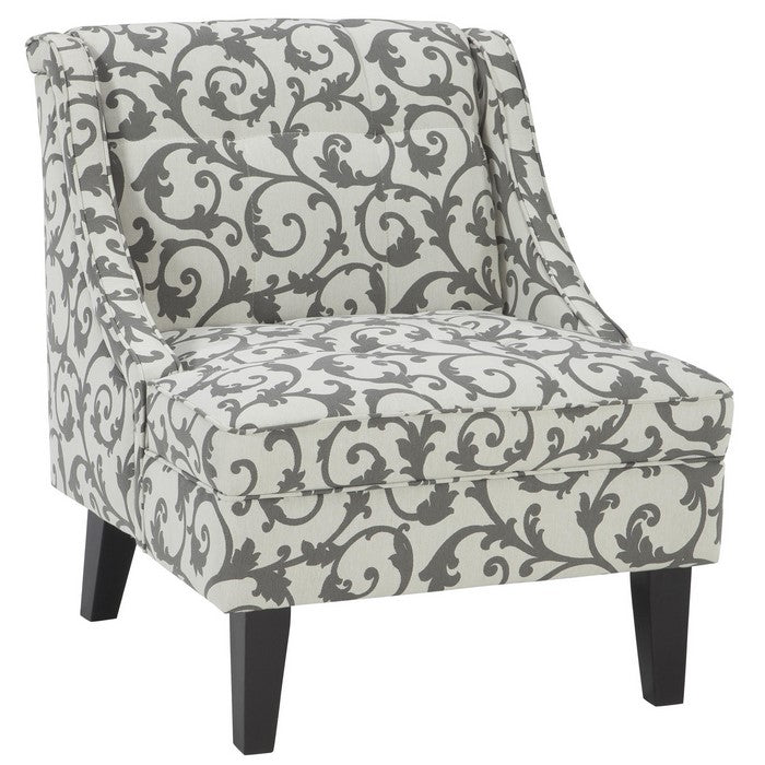 Fabric Upholstered Accent Chair with Vine Pattern, Gray and White