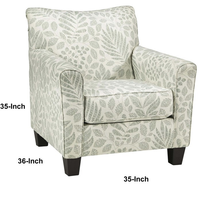 Fabric Upholstered Accent Chair with Leaf Pattern, Green and White