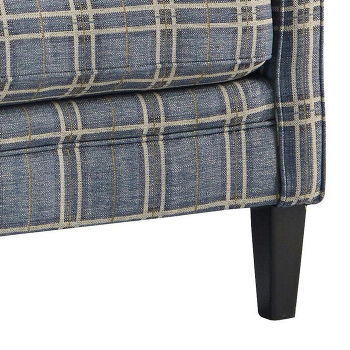 Fabric Upholstered Accent Chair with Checkered Details, Blue and Brown