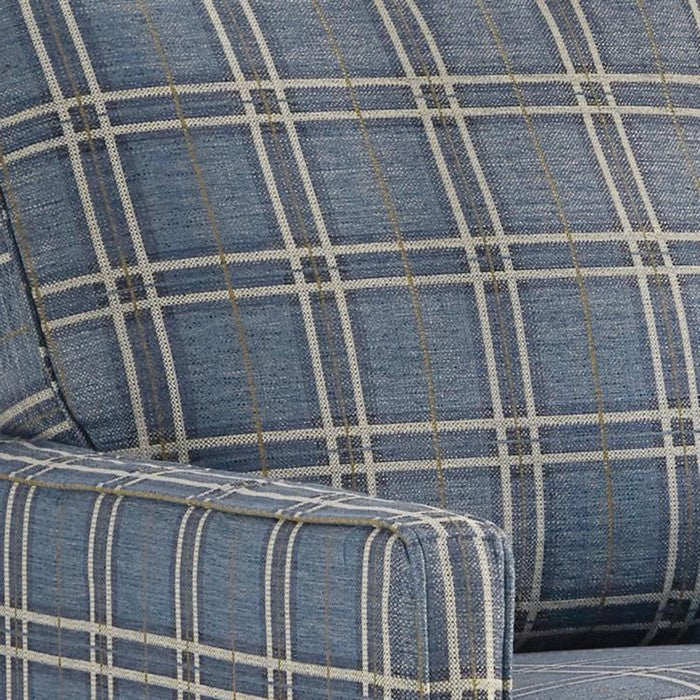 Fabric Upholstered Accent Chair with Checkered Details, Blue and Brown
