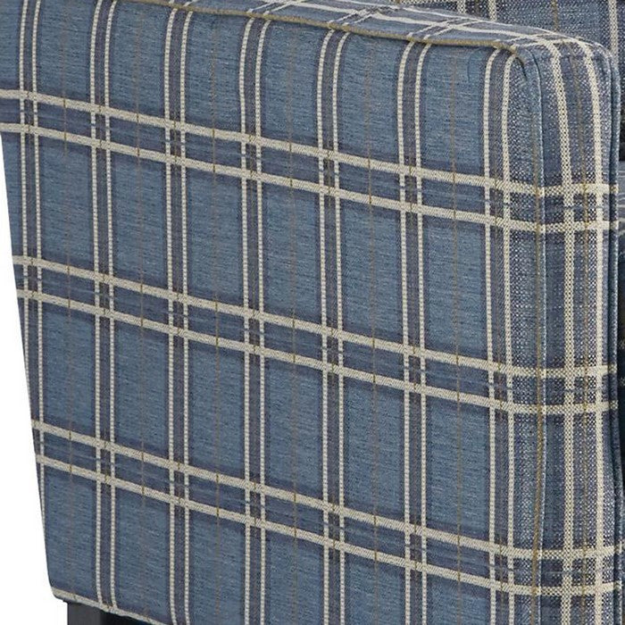 Fabric Upholstered Accent Chair with Checkered Details, Blue and Brown