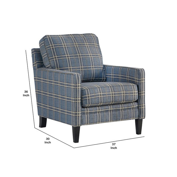 Fabric Upholstered Accent Chair with Checkered Details, Blue and Brown