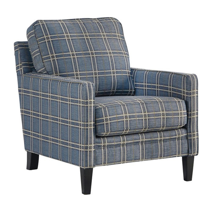 Fabric Upholstered Accent Chair with Checkered Details, Blue and Brown