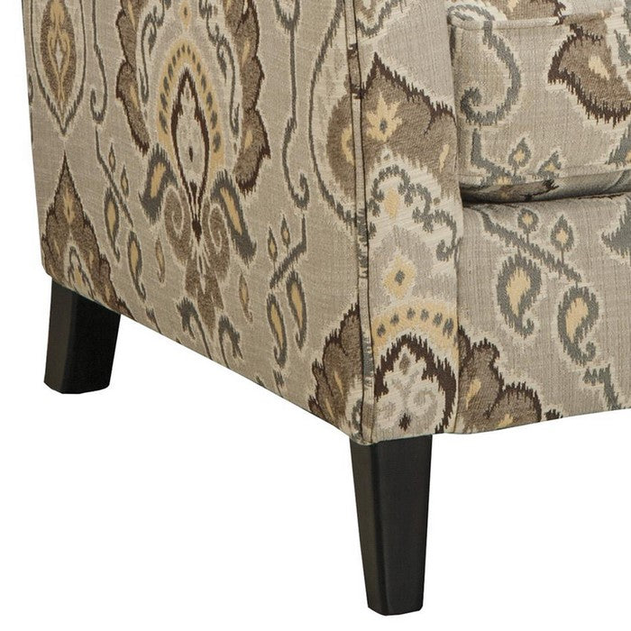Fabric Upholstered Wooden Accent Chair with Damask Upholstery, Brown