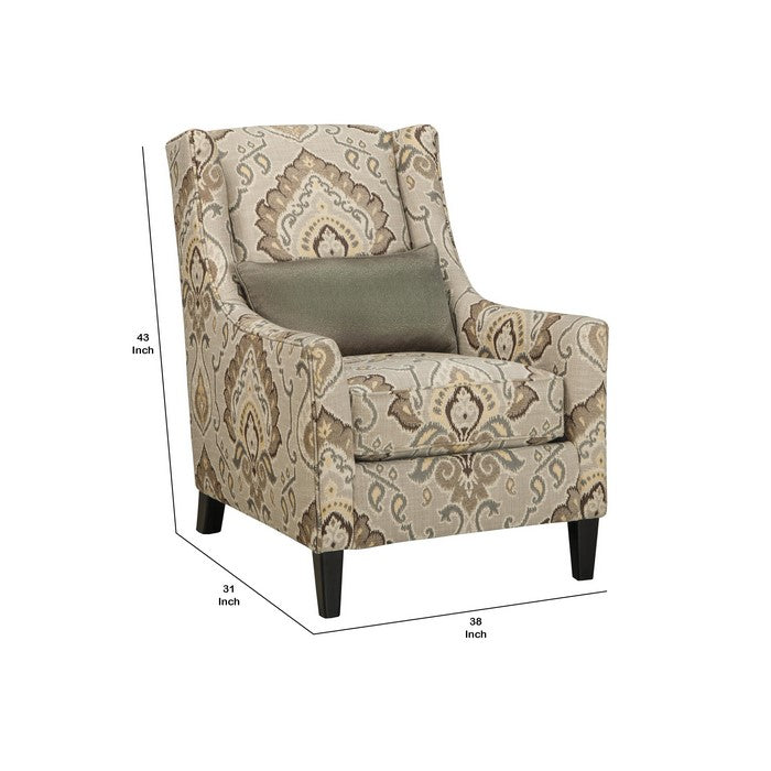 Fabric Upholstered Wooden Accent Chair with Damask Upholstery, Brown