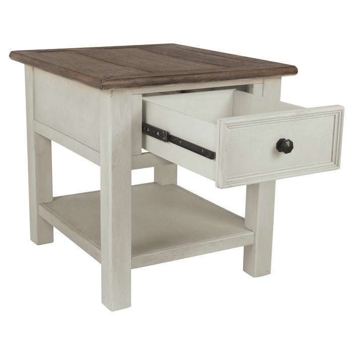 End Table With Plank Top and a Gliding Drawer, Cream and Brown