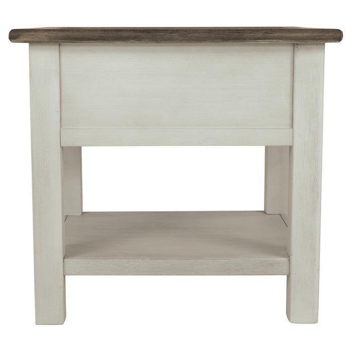 End Table With Plank Top and a Gliding Drawer, Cream and Brown