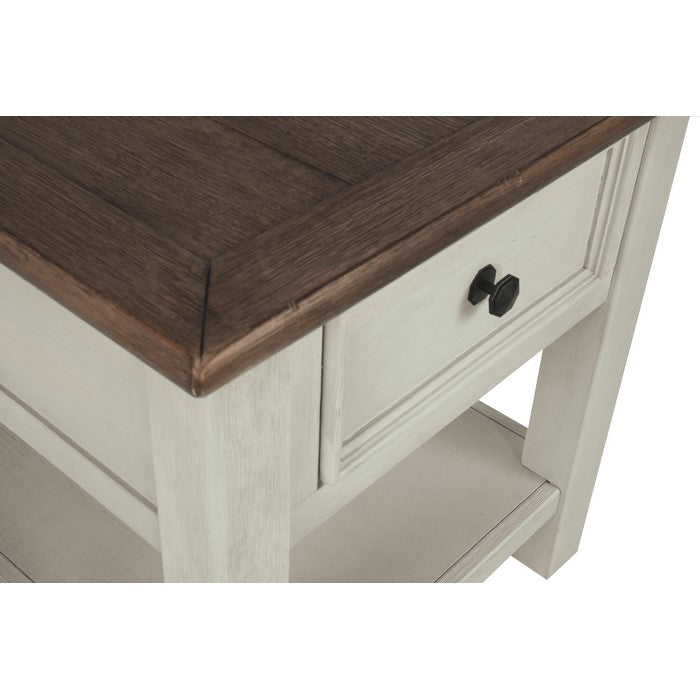 End Table With Plank Top and a Gliding Drawer, Cream and Brown