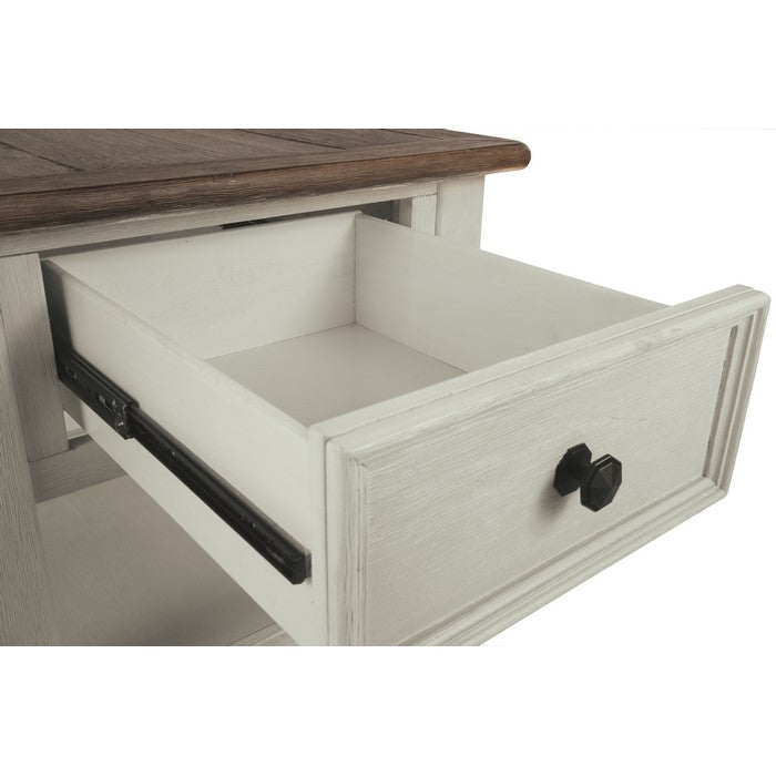 End Table With Plank Top and a Gliding Drawer, Cream and Brown