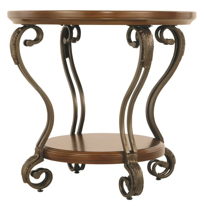 Round End Table With A Bottom Shelf and Designed Curvy Legs, Brown