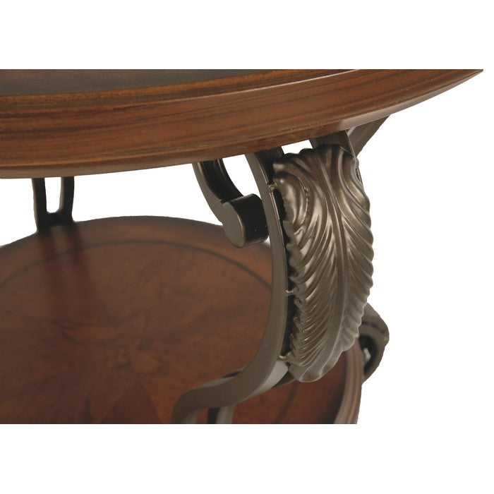Round End Table With A Bottom Shelf and Designed Curvy Legs, Brown
