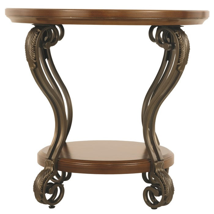 Round End Table With A Bottom Shelf and Designed Curvy Legs, Brown