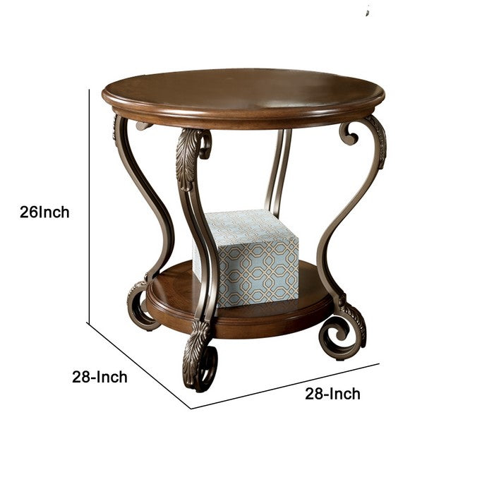 Round End Table With A Bottom Shelf and Designed Curvy Legs, Brown