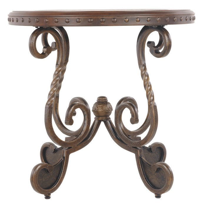 Round End Table With Nailhead Accented Top and Scrolled Base, Brown