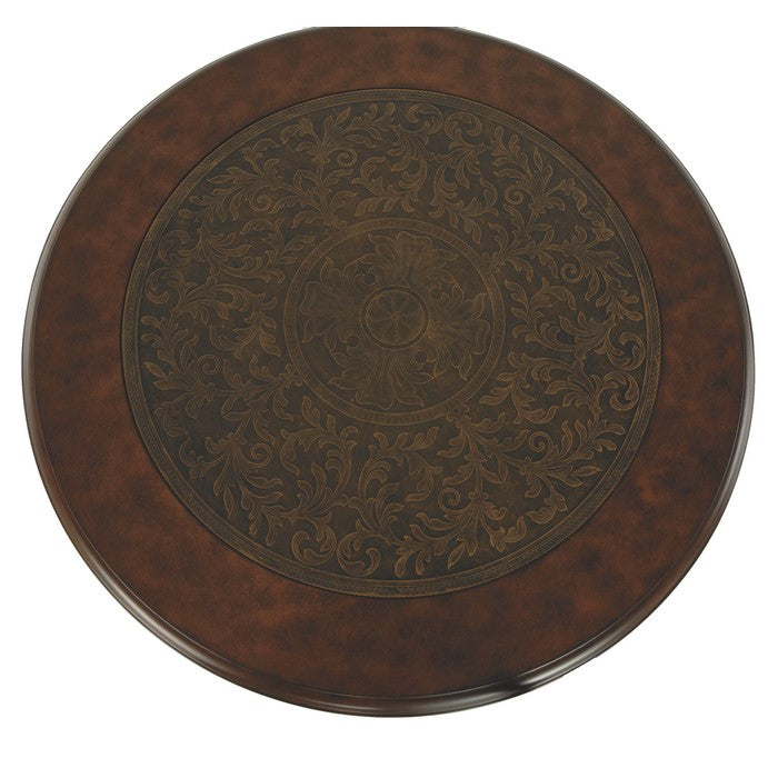 Round End Table With Nailhead Accented Top and Scrolled Base, Brown