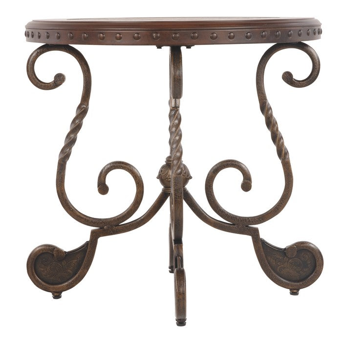 Round End Table With Nailhead Accented Top and Scrolled Base, Brown