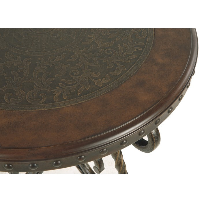 Round End Table With Nailhead Accented Top and Scrolled Base, Brown