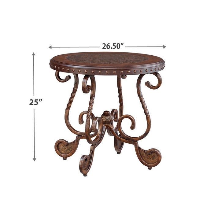 Round End Table With Nailhead Accented Top and Scrolled Base, Brown